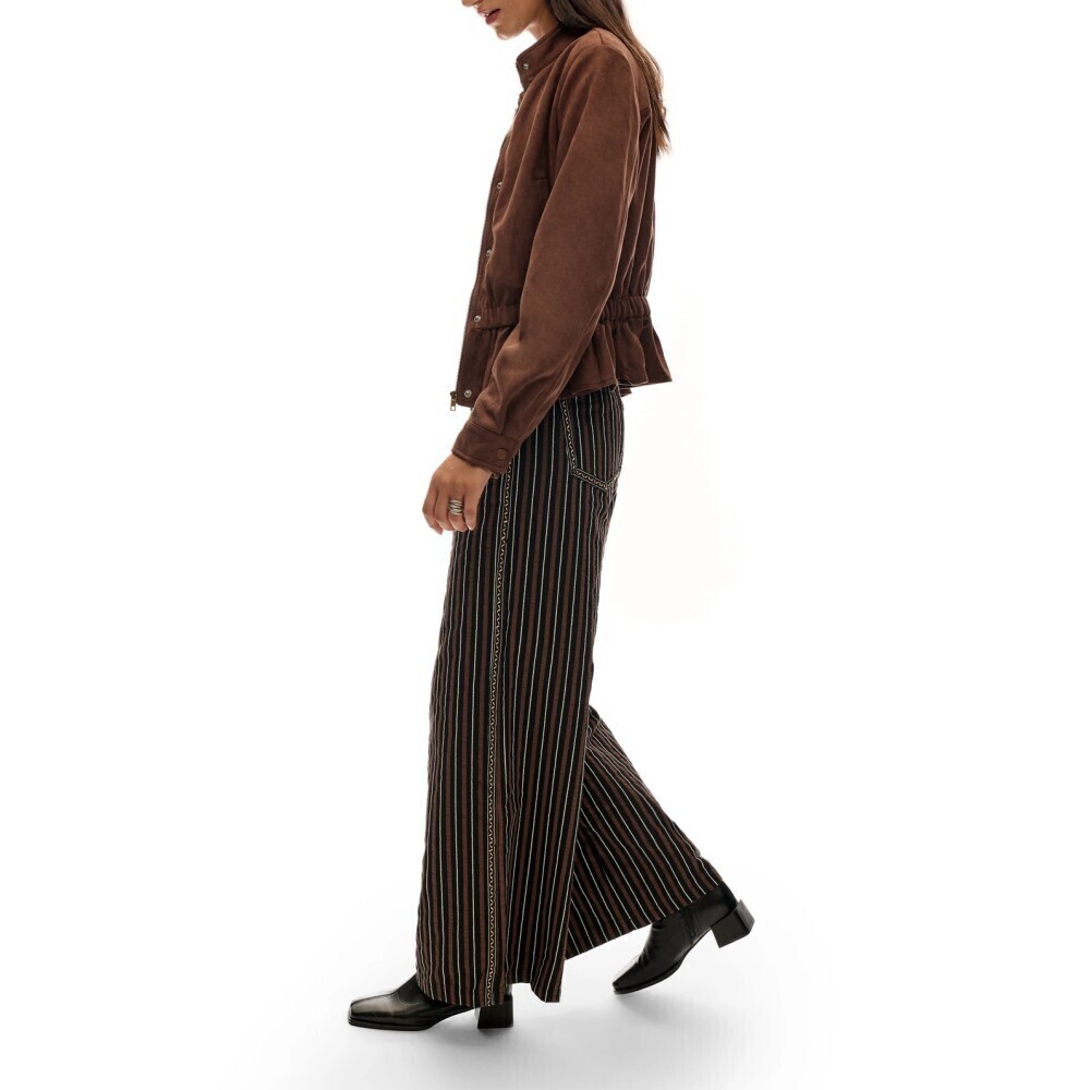 Brown Black Pinstripe High-Waist Belted Wide Leg Trousers Chain Accent